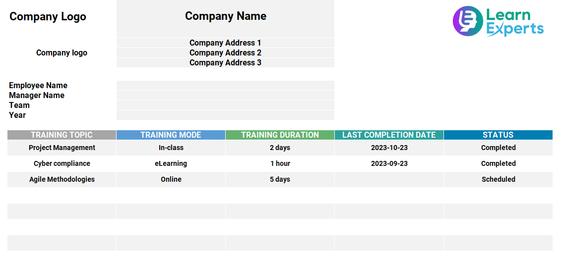 Image of Excel spreadsheet of a simple way for companies to track employee training